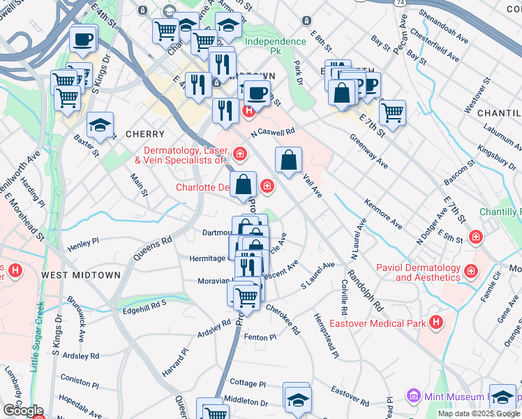 map of restaurants, bars, coffee shops, grocery stores, and more near 201 Providence Road in Charlotte