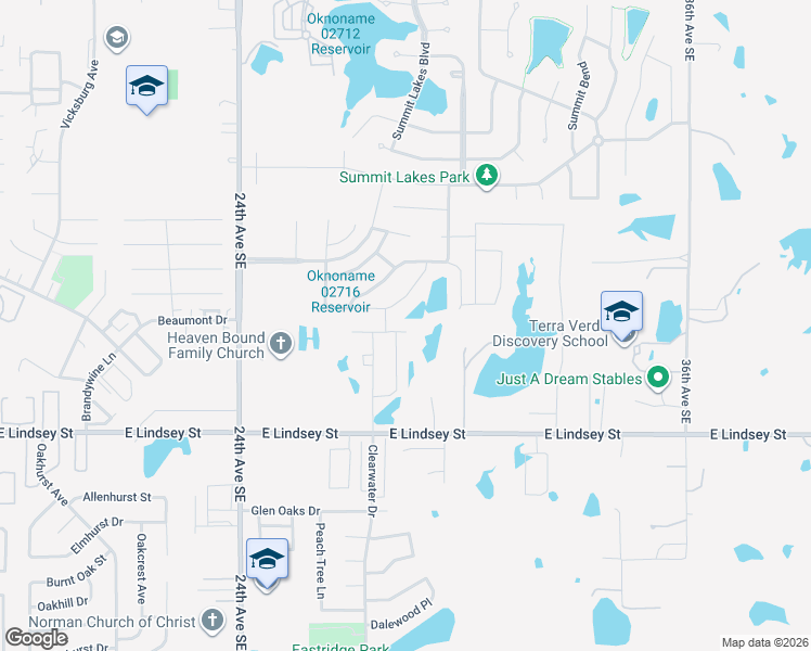 map of restaurants, bars, coffee shops, grocery stores, and more near 2704 Summit Terrace Drive in Norman