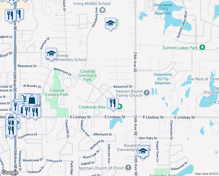 map of restaurants, bars, coffee shops, grocery stores, and more near 2015 Beaumont Drive in Norman