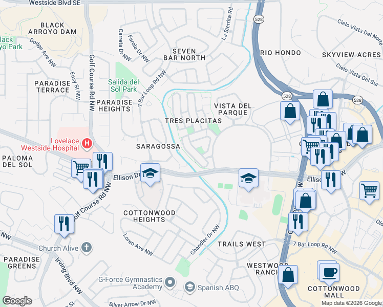 map of restaurants, bars, coffee shops, grocery stores, and more near 4208 Logan Road Northwest in Albuquerque
