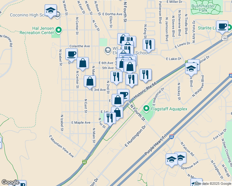 map of restaurants, bars, coffee shops, grocery stores, and more near 2001 North 3rd Street in Flagstaff