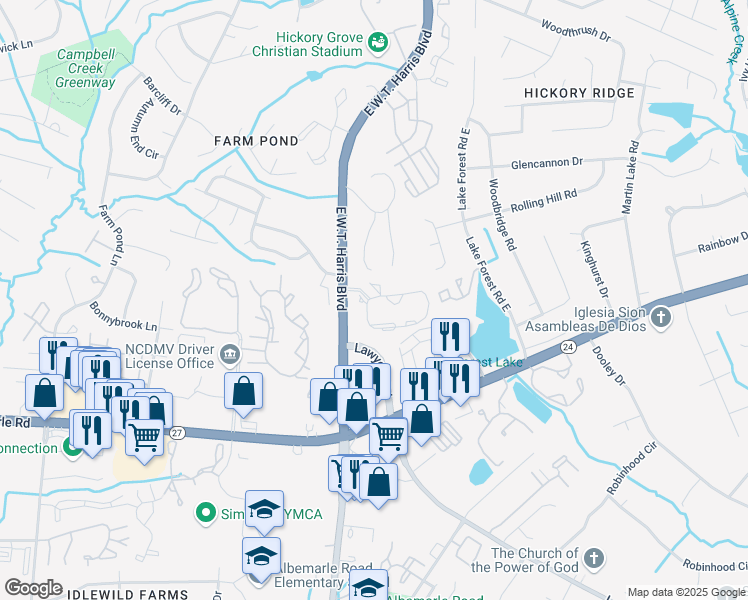 map of restaurants, bars, coffee shops, grocery stores, and more near 8705-8715 Parkland Circle in Charlotte