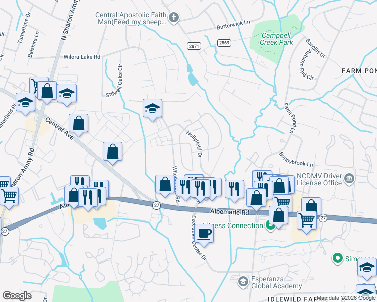 map of restaurants, bars, coffee shops, grocery stores, and more near 5917 Regal Estate Lane in Charlotte