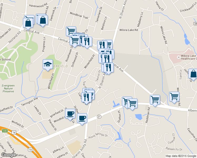map of restaurants, bars, coffee shops, grocery stores, and more near in Charlotte