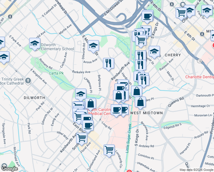 map of restaurants, bars, coffee shops, grocery stores, and more near in Charlotte
