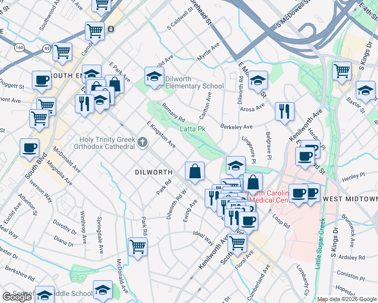 map of restaurants, bars, coffee shops, grocery stores, and more near 808 East Park Avenue in Charlotte