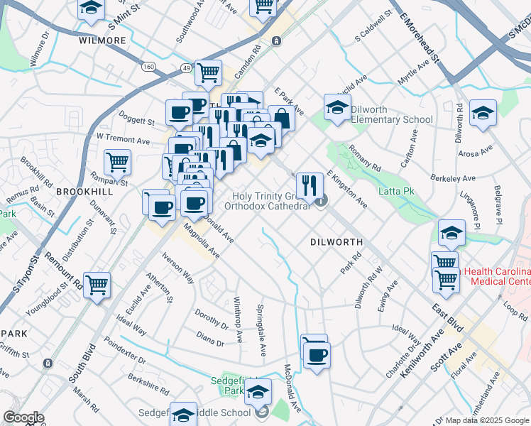 map of restaurants, bars, coffee shops, grocery stores, and more near 1912 Lyndhurst Avenue in Charlotte