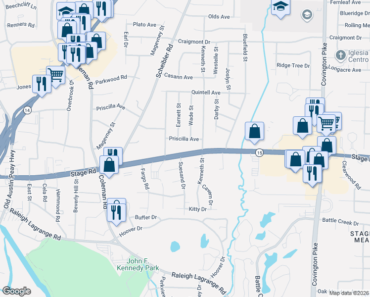 map of restaurants, bars, coffee shops, grocery stores, and more near 4687 Priscilla Avenue in Memphis