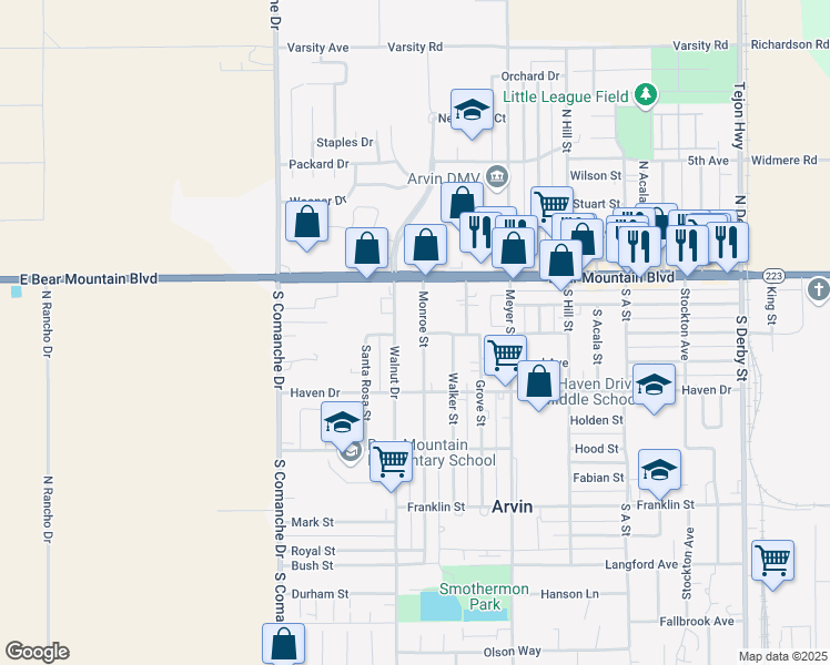 map of restaurants, bars, coffee shops, grocery stores, and more near 249 Monroe Street in Arvin