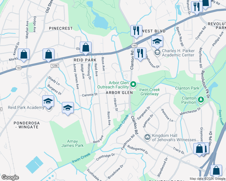 map of restaurants, bars, coffee shops, grocery stores, and more near 2302 Caronia Street in Charlotte