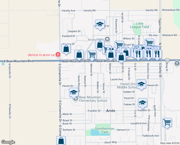 map of restaurants, bars, coffee shops, grocery stores, and more near 249 Monroe Street in Arvin