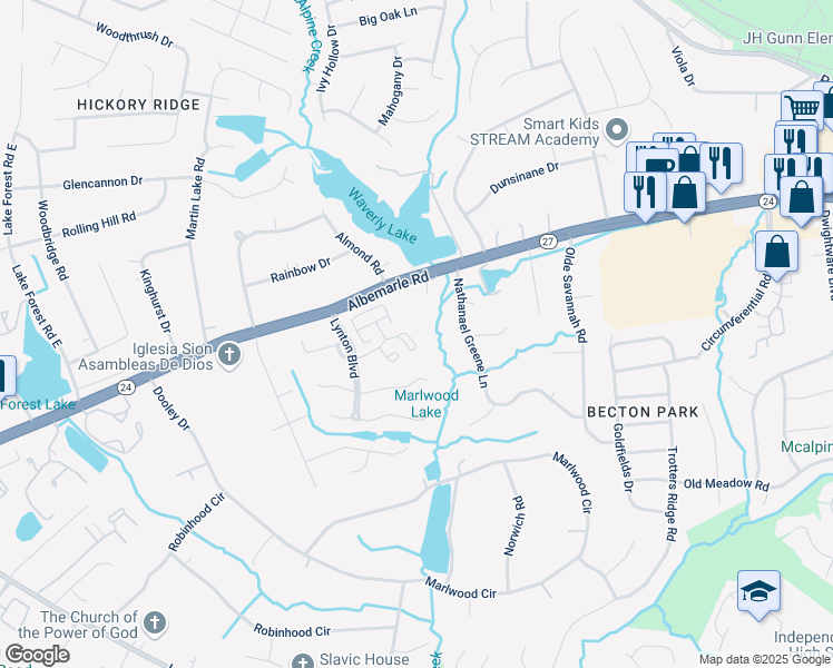 map of restaurants, bars, coffee shops, grocery stores, and more near 8119 Tremaine Court in Charlotte