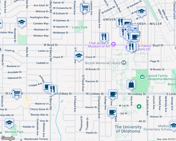 map of restaurants, bars, coffee shops, grocery stores, and more near 814 West Brooks Street in Norman