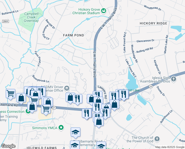 map of restaurants, bars, coffee shops, grocery stores, and more near 8310 East W.T. Harris Boulevard in Charlotte