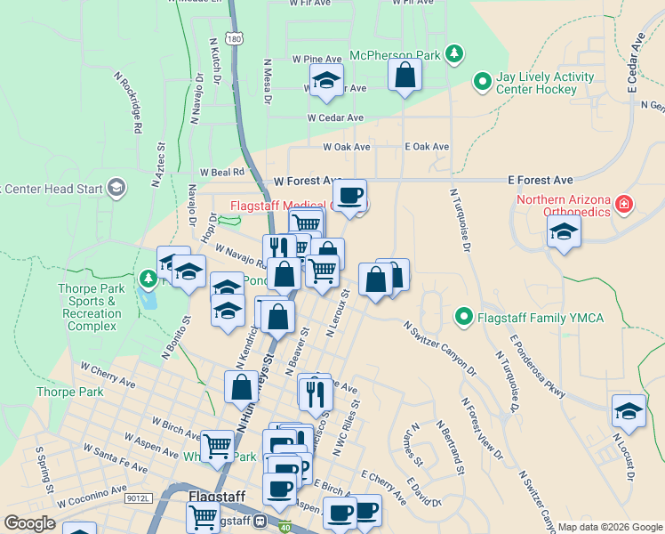 map of restaurants, bars, coffee shops, grocery stores, and more near 1215 North Beaver Street in Flagstaff