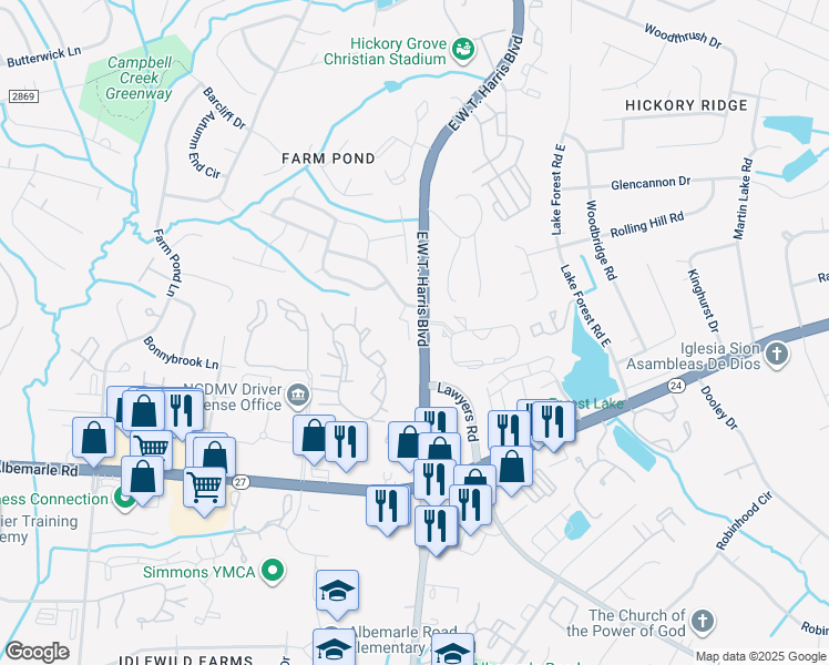 map of restaurants, bars, coffee shops, grocery stores, and more near 8310 East W.T. Harris Boulevard in Charlotte