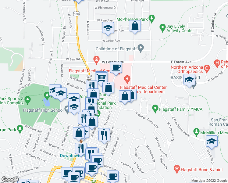 map of restaurants, bars, coffee shops, grocery stores, and more near 1215 North Beaver Street in Flagstaff