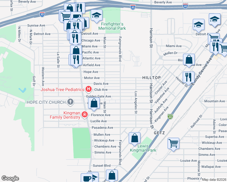 map of restaurants, bars, coffee shops, grocery stores, and more near 2032 Davis Avenue in Kingman