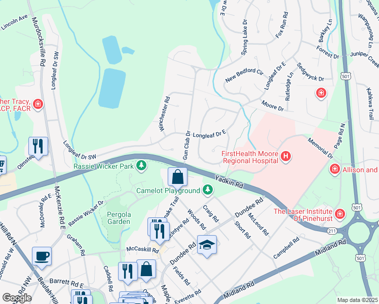 map of restaurants, bars, coffee shops, grocery stores, and more near 80 Gun Club Drive in Pinehurst