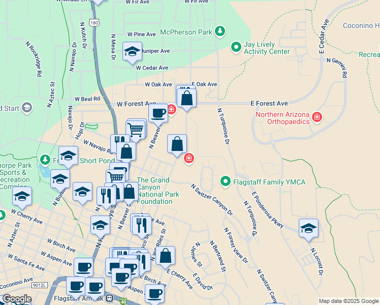 map of restaurants, bars, coffee shops, grocery stores, and more near 1150 N San Francisco St in Flagstaff