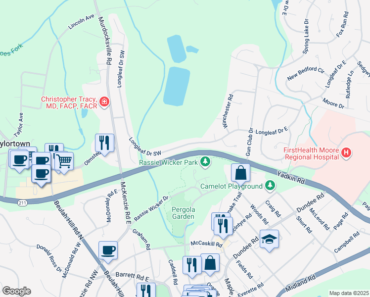 map of restaurants, bars, coffee shops, grocery stores, and more near 202 Longleaf Drive Southwest in Pinehurst