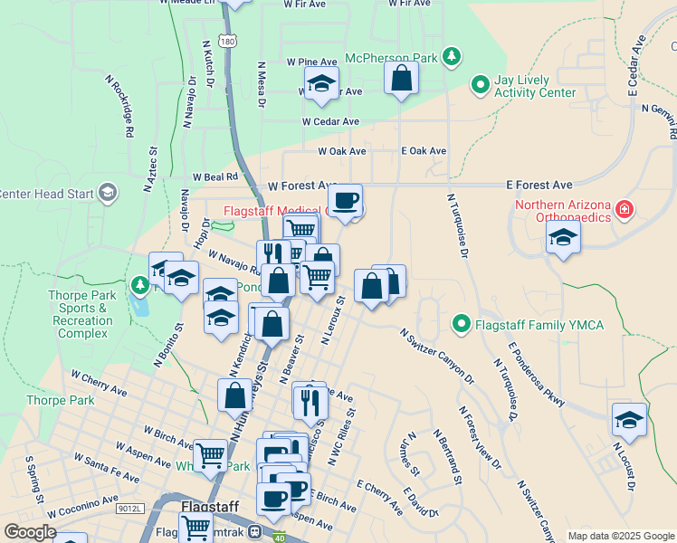 map of restaurants, bars, coffee shops, grocery stores, and more near 1215 North Beaver Street in Flagstaff