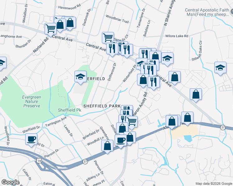 map of restaurants, bars, coffee shops, grocery stores, and more near 3716 Winterfield Place in Charlotte