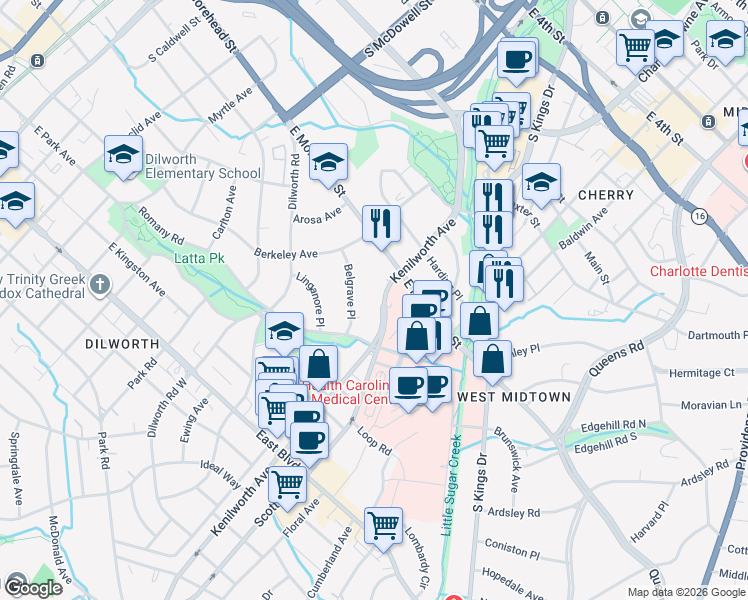 map of restaurants, bars, coffee shops, grocery stores, and more near in Charlotte