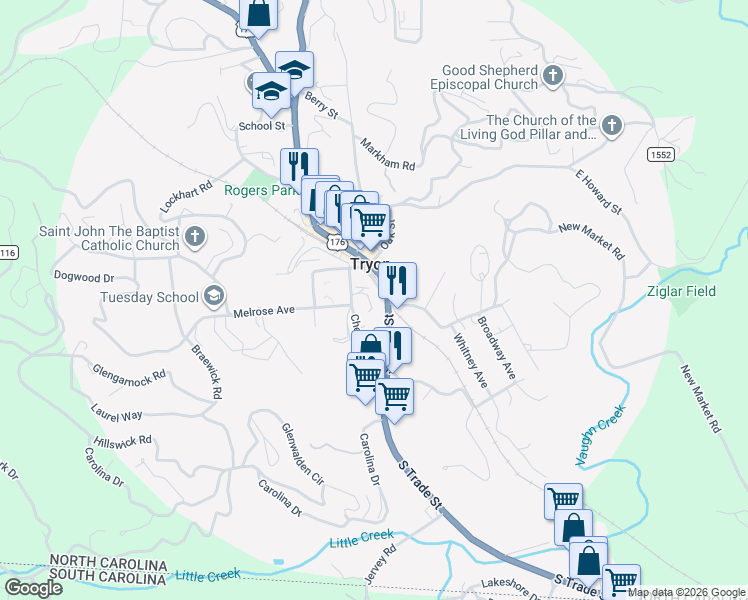 map of restaurants, bars, coffee shops, grocery stores, and more near in Tryon