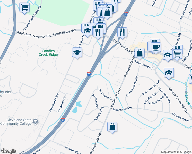 map of restaurants, bars, coffee shops, grocery stores, and more near 3030 Tomahawk Circle Northwest in Cleveland