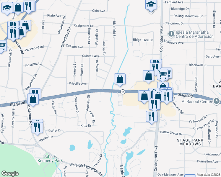 map of restaurants, bars, coffee shops, grocery stores, and more near 3018 Bluefield Street in Memphis