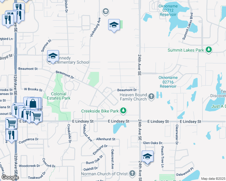 map of restaurants, bars, coffee shops, grocery stores, and more near 2112 Natchez Drive in Norman