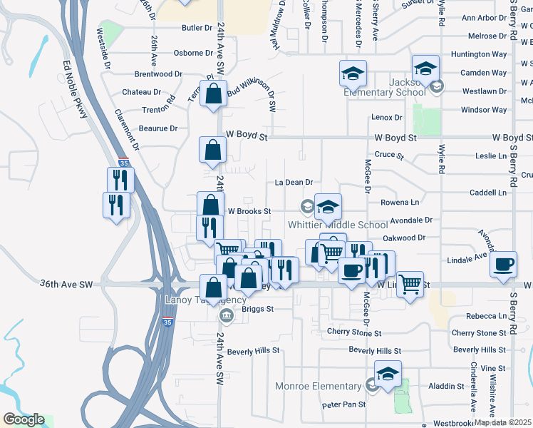 map of restaurants, bars, coffee shops, grocery stores, and more near 824 Westridge Terrace in Norman