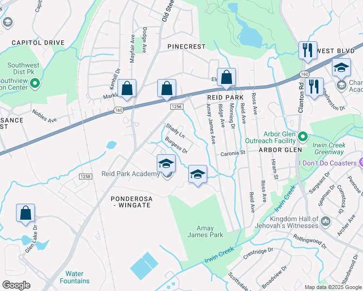 map of restaurants, bars, coffee shops, grocery stores, and more near 2952 Shady Lane in Charlotte