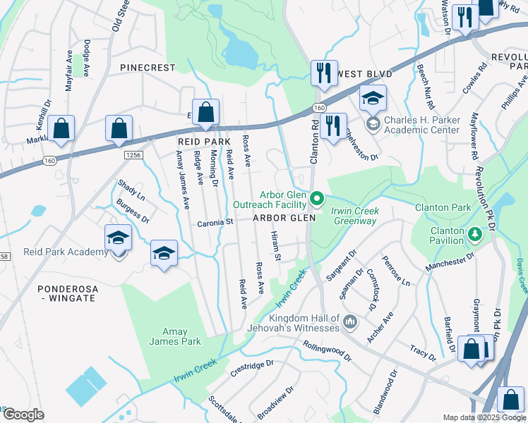 map of restaurants, bars, coffee shops, grocery stores, and more near 3035 Ross Avenue in Charlotte