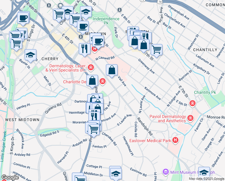 map of restaurants, bars, coffee shops, grocery stores, and more near in Charlotte