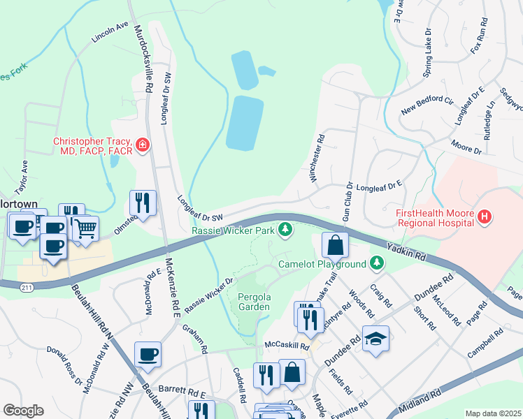 map of restaurants, bars, coffee shops, grocery stores, and more near Longleaf Drive Southwest in Pinehurst