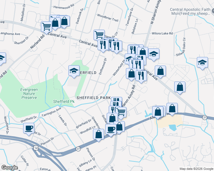 map of restaurants, bars, coffee shops, grocery stores, and more near 3716 Winterfield Place in Charlotte