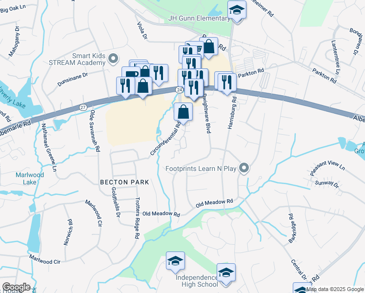 map of restaurants, bars, coffee shops, grocery stores, and more near 8152 Sultana Circle in Charlotte