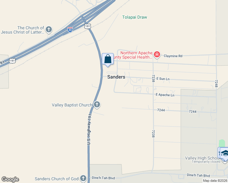 map of restaurants, bars, coffee shops, grocery stores, and more near 2 East Apache Lane in Sanders