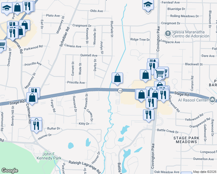 map of restaurants, bars, coffee shops, grocery stores, and more near 3018 Bluefield Street in Memphis