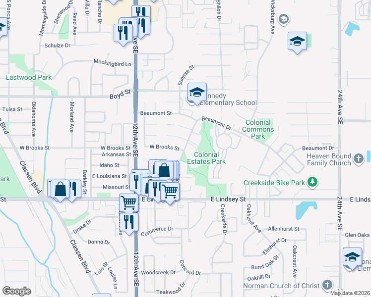 map of restaurants, bars, coffee shops, grocery stores, and more near 1343 Atlanta Circle in Norman