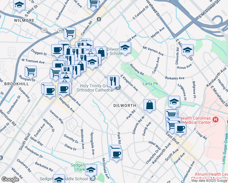 map of restaurants, bars, coffee shops, grocery stores, and more near 600 East Boulevard in Charlotte