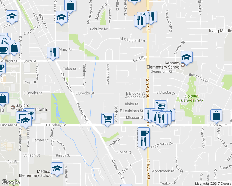 map of restaurants, bars, coffee shops, grocery stores, and more near 1598 Barkley Street in Norman
