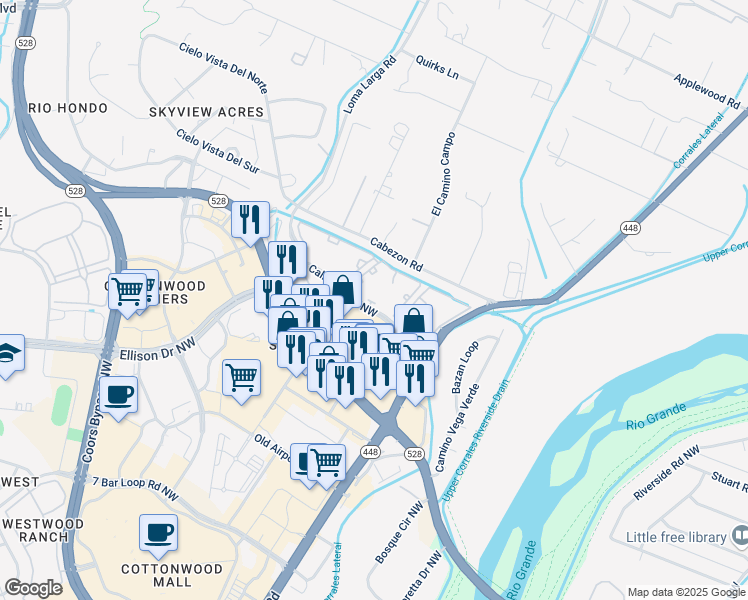map of restaurants, bars, coffee shops, grocery stores, and more near 3405 Calle Cuervo Northwest in Albuquerque