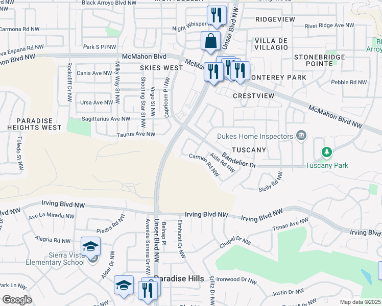 map of restaurants, bars, coffee shops, grocery stores, and more near 5763 Carmen Road Northwest in Albuquerque