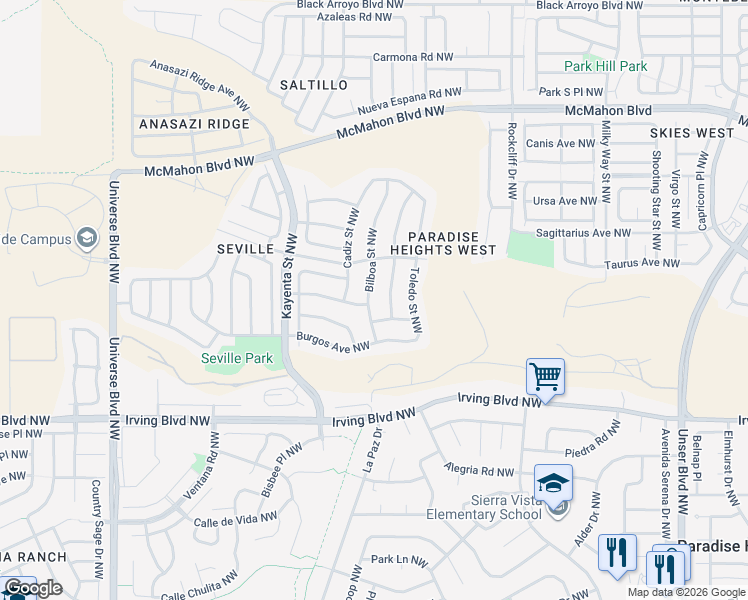 map of restaurants, bars, coffee shops, grocery stores, and more near 10449 Pamplona Street Northwest in Albuquerque