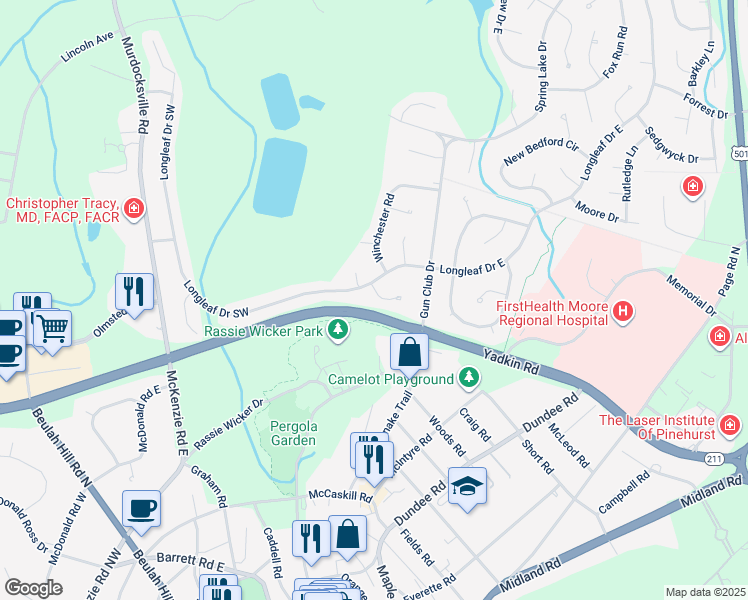 map of restaurants, bars, coffee shops, grocery stores, and more near 3 Red Cedar Lane in Pinehurst