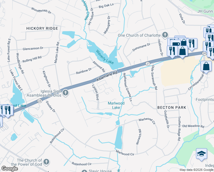 map of restaurants, bars, coffee shops, grocery stores, and more near in Charlotte