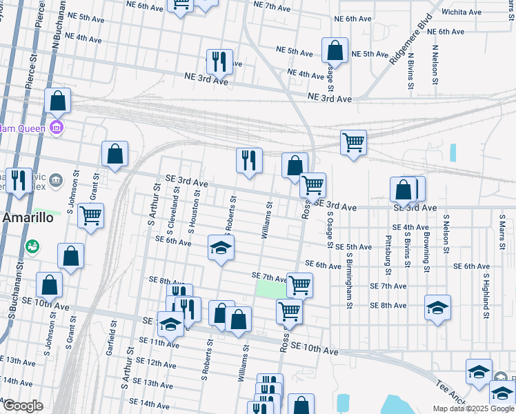 map of restaurants, bars, coffee shops, grocery stores, and more near 300-398 S Williams St in Amarillo